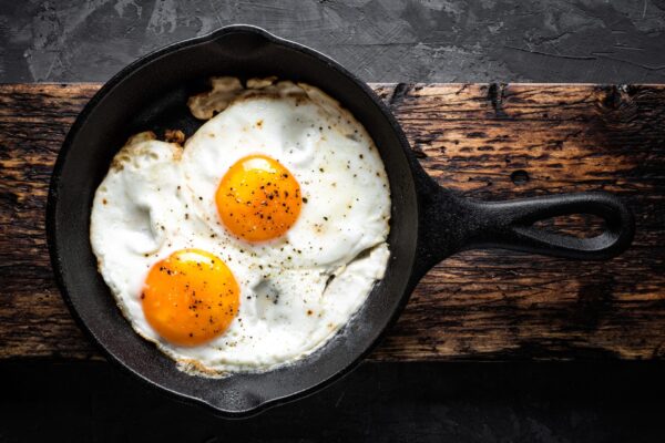 fried eggs in black pan